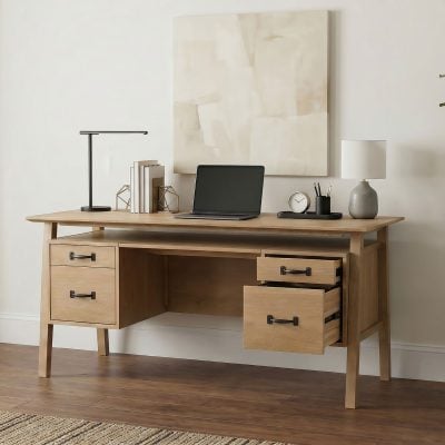 Goodson 64-inch computer desk in distressed light brown wood, three-quarter angle view