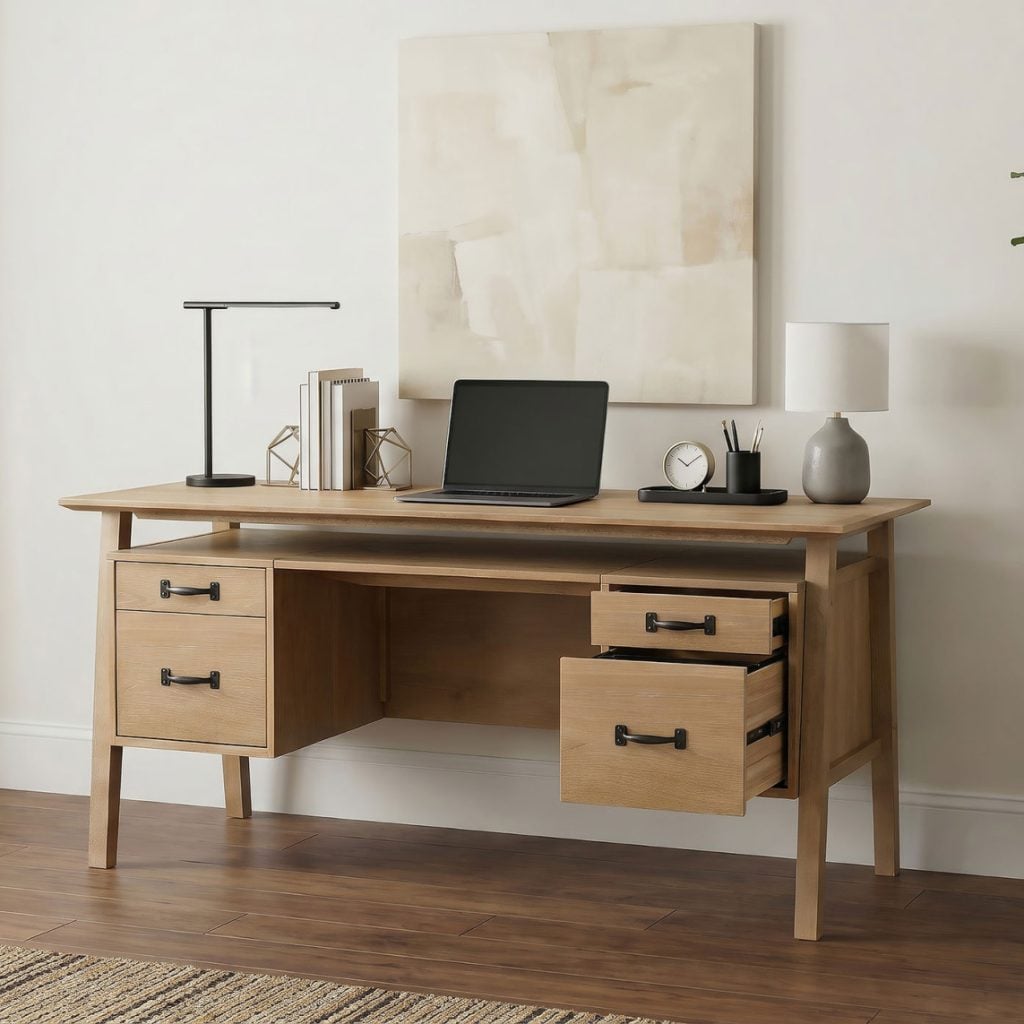 Goodson 64-inch computer desk in distressed light brown wood, three-quarter angle view