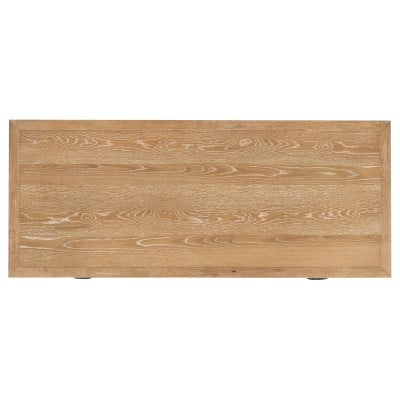 Goodson 64-inch computer desk in distressed light brown wood, all drawers open view
