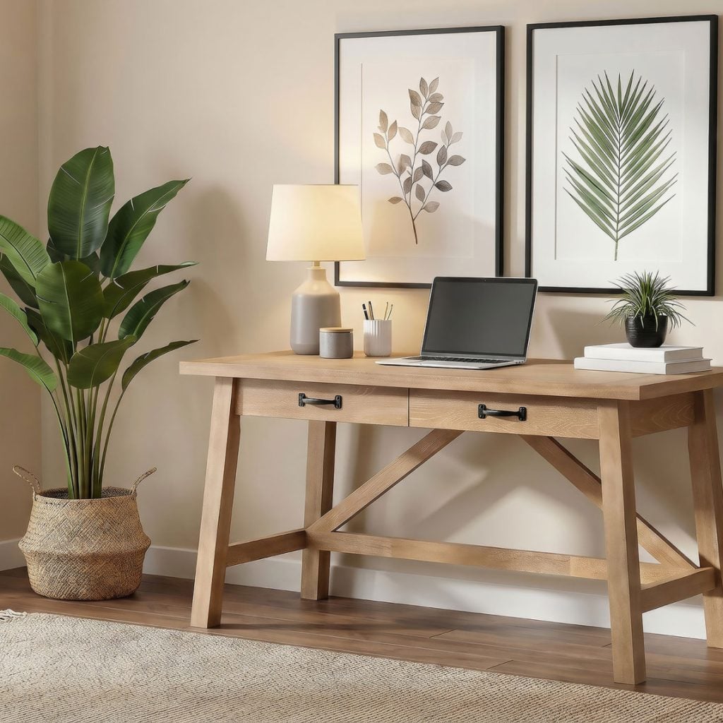 Fabian 54-inch writing desk in distressed light brown oak veneer wood, straight front view
