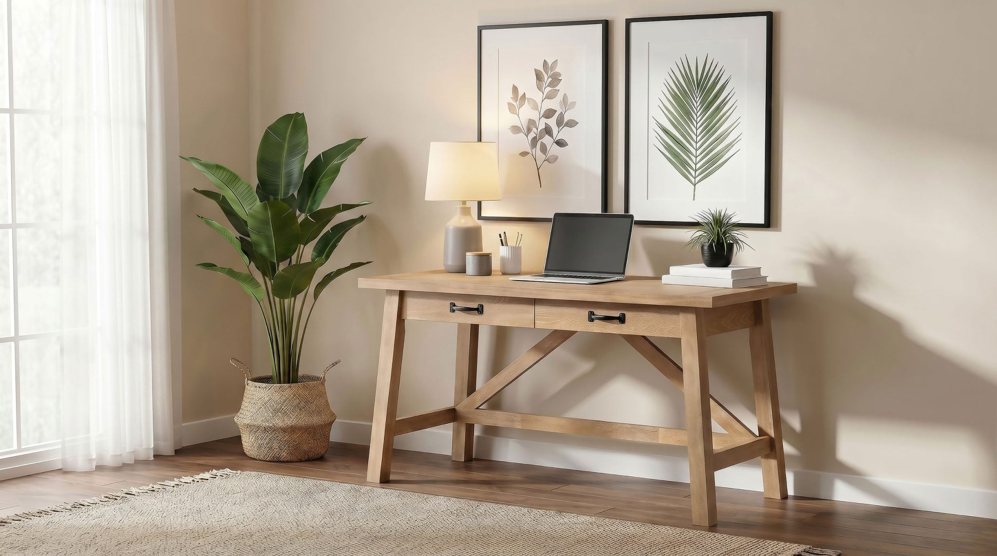 Fabian 54-inch writing desk in distressed light brown oak veneer wood, straight front view