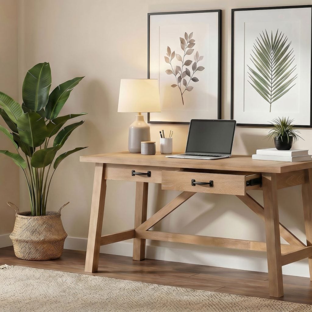 Fabian 54-inch writing desk in distressed light brown oak veneer wood, three-quarter angle view