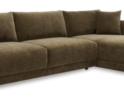 Bryn two-piece sectional sofa in heritage cedar green bouclé fabric, close-up of the bouclé texture and throw pillows