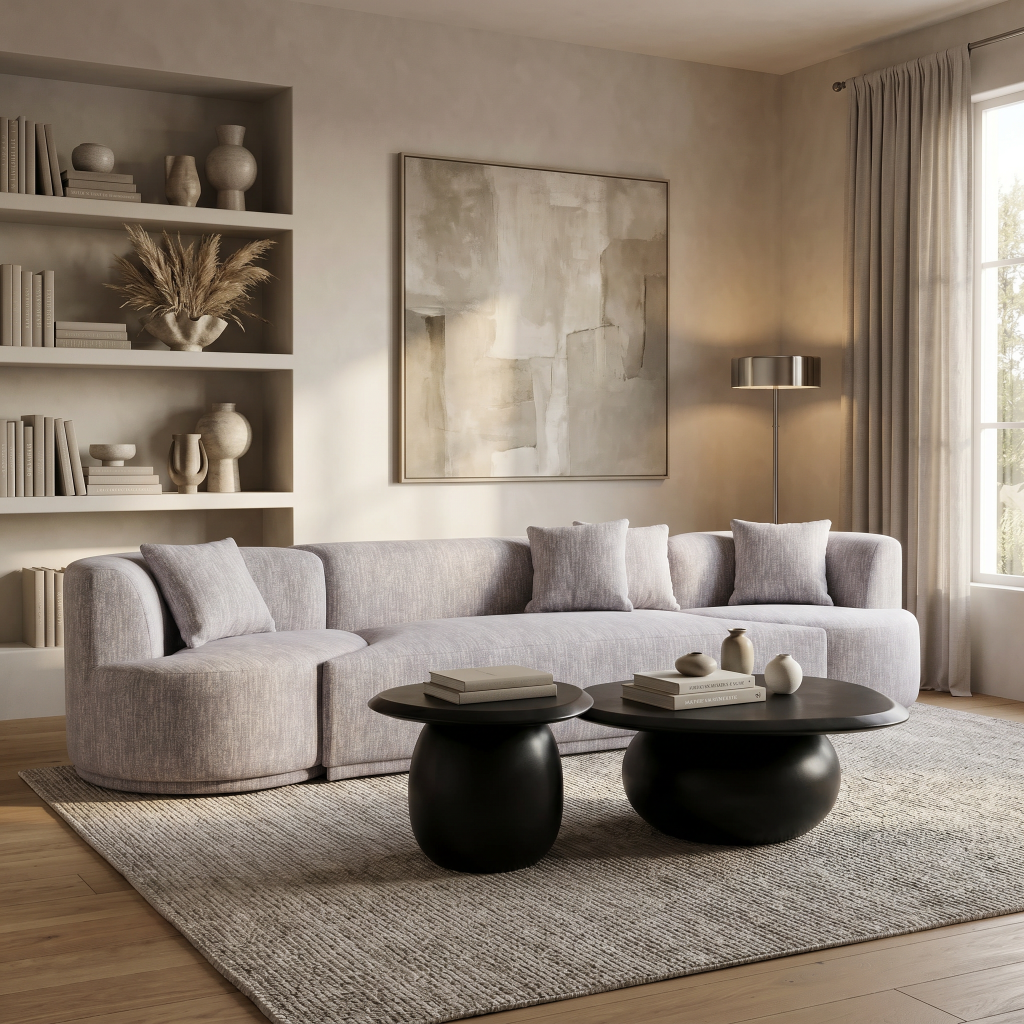 Beau Light Grey Sectional Sofa with 2 Swirling Chairs - lifestyle room view