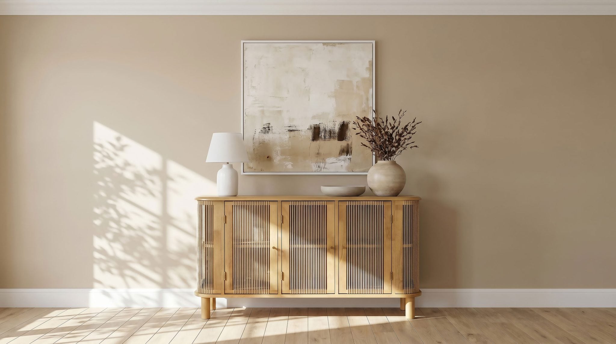 Ervine 3-door rope panel sideboard in natural wood, front view with doors closed