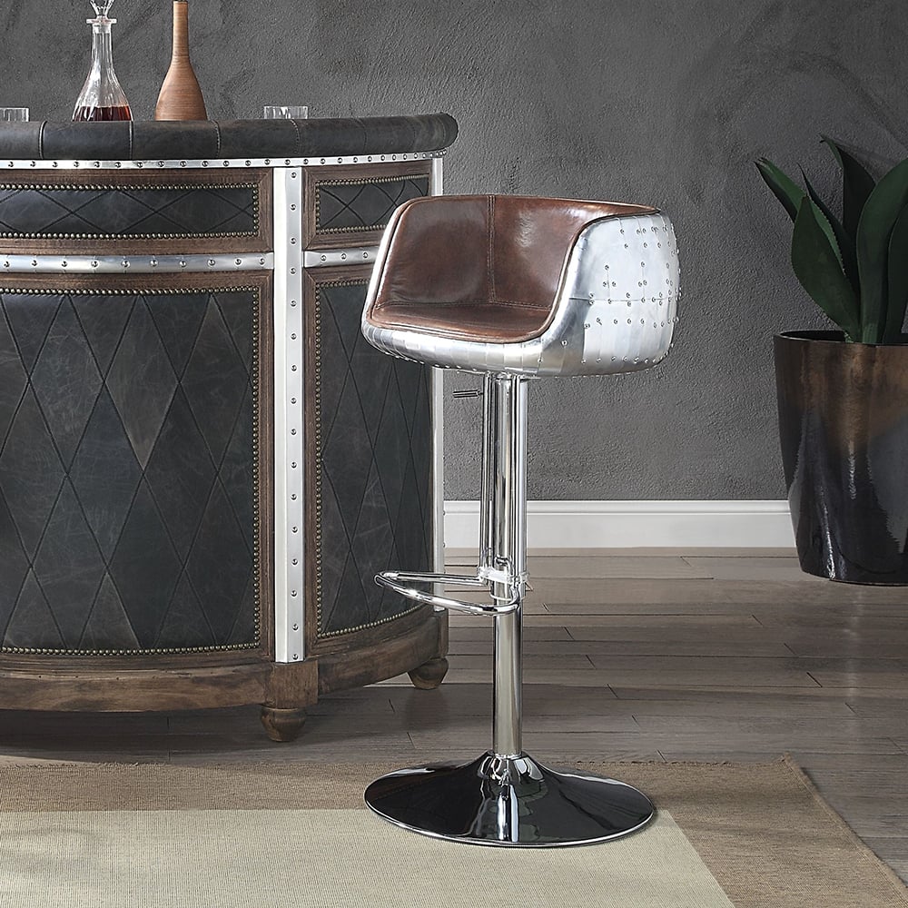 Brancaster Adjustable Swivel Bar Stool in Vintage Brown Top Grain Leather and Aluminum - front view