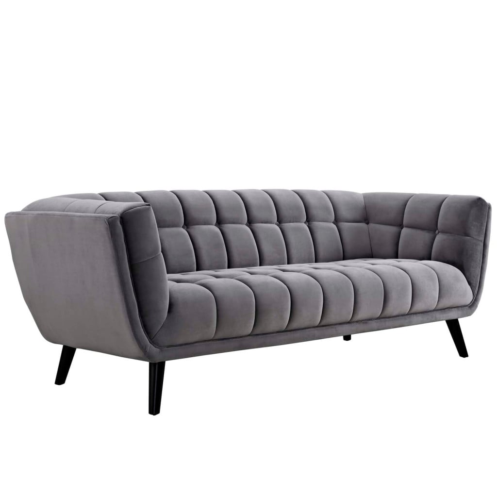 Bestow gray button tufted performance velvet sofa in gray performance velvet, three-quarter angle view