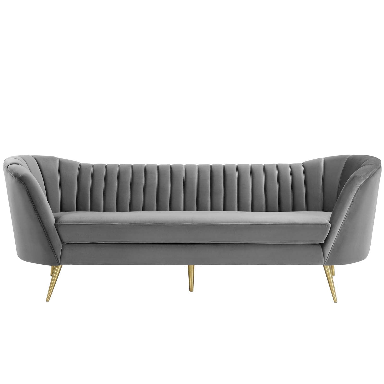 Opportunity gray channel tufted curved velvet sofa in gray performance velvet, front view