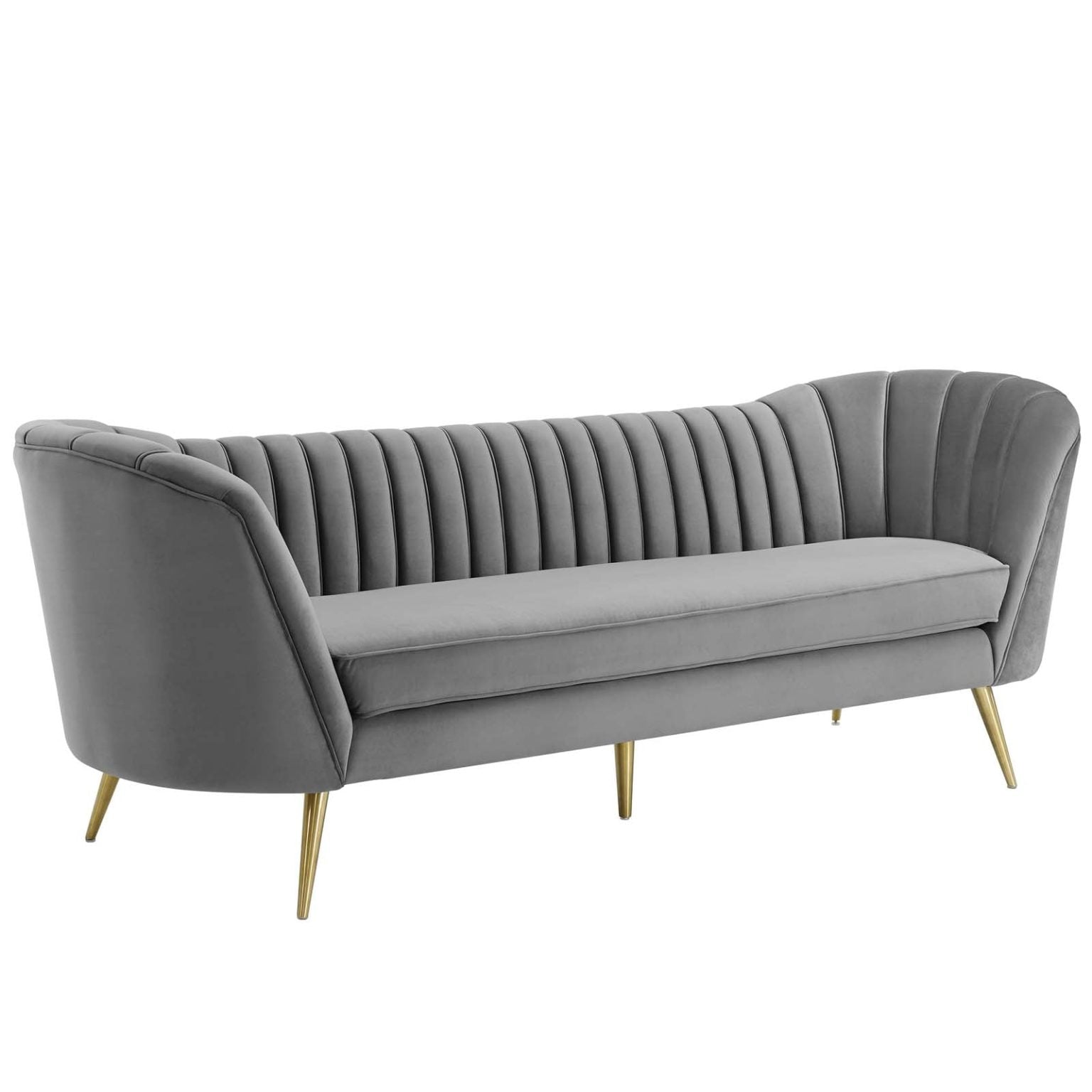 Opportunity gray channel tufted curved velvet sofa in gray performance velvet, three-quarter angle view