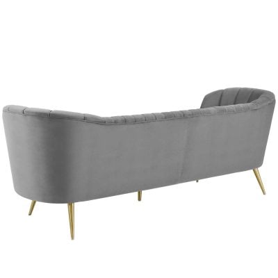 Opportunity gray channel tufted curved velvet sofa in gray performance velvet, side profile showing the curved back