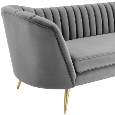 Opportunity gray channel tufted curved velvet sofa in gray performance velvet, close-up of the vertical channel tufting
