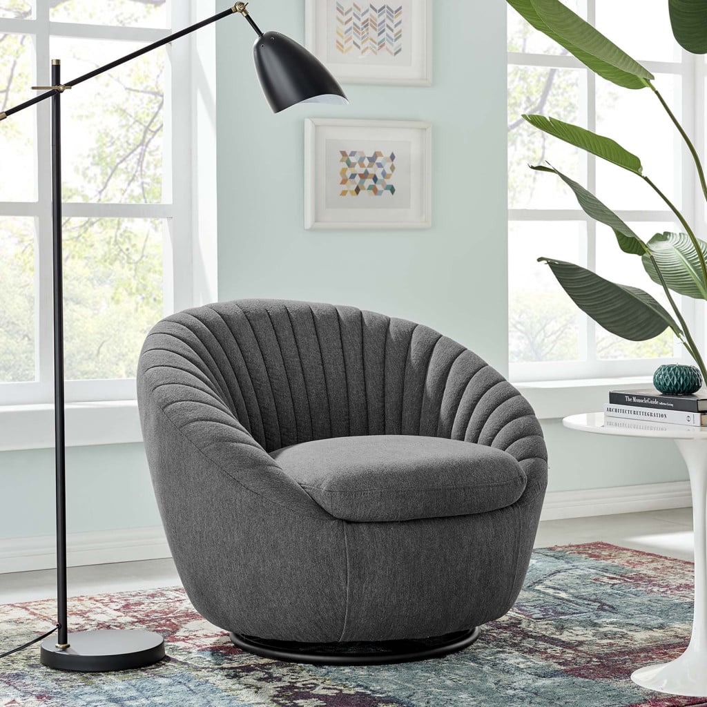 Whirr Channel Tufted Fabric Swivel Accent Chair in Black Charcoal - view 1