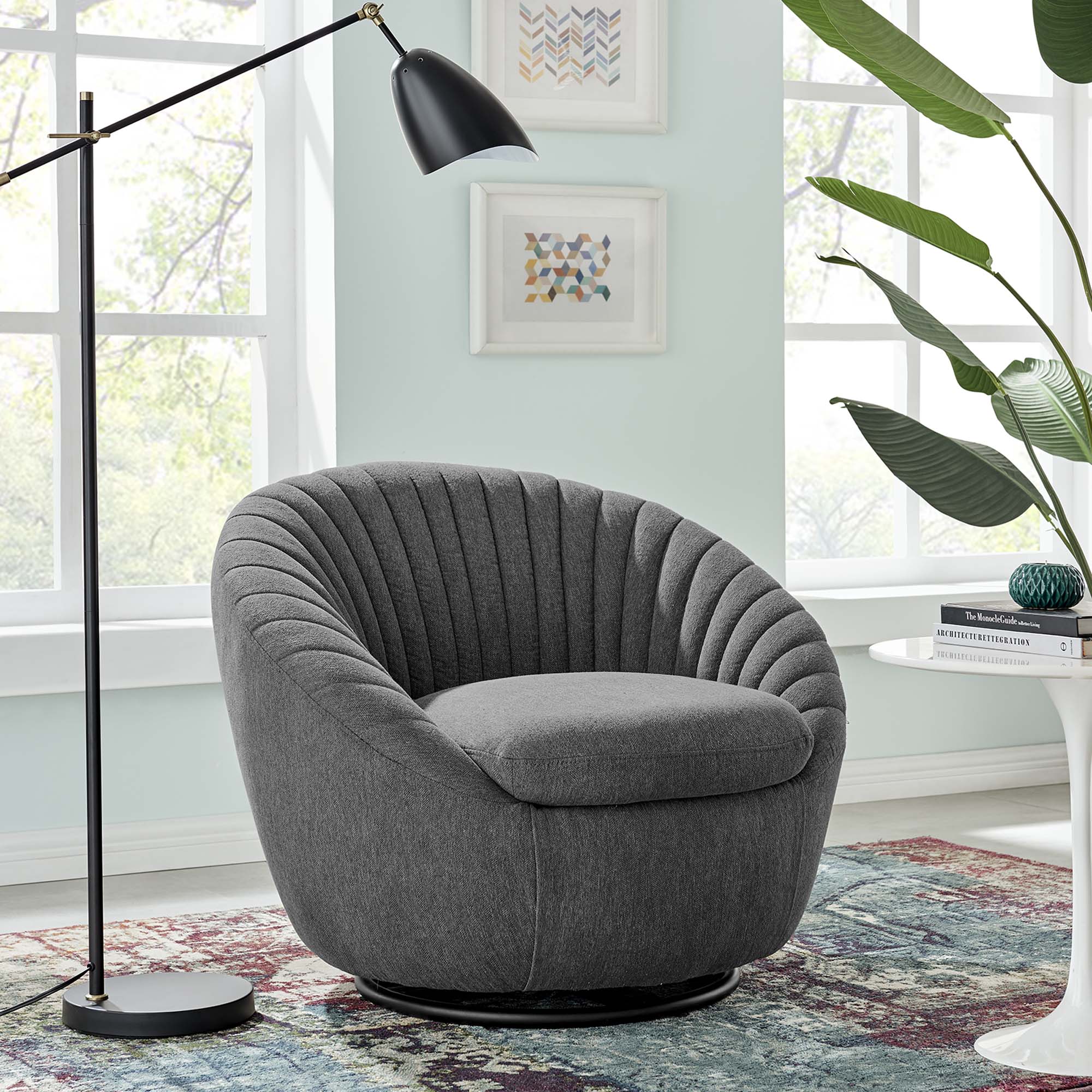 Whirr Channel Tufted Fabric Swivel Accent Chair in Black Charcoal - view 1