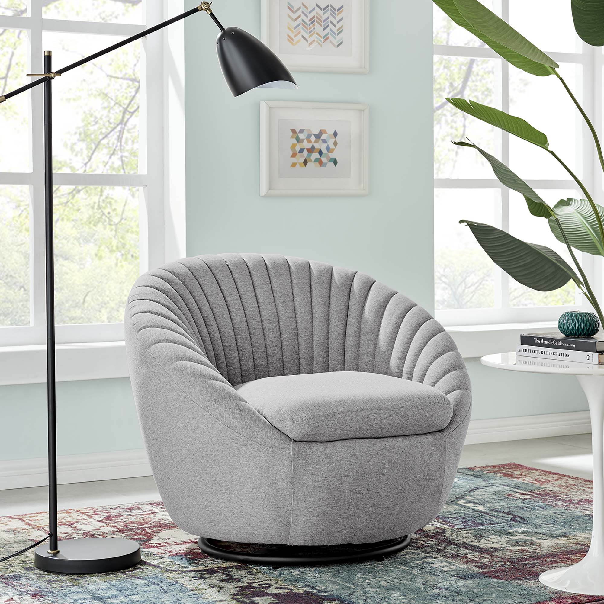 Whirr Channel Tufted Fabric Swivel Accent Chair in Black Light Gray - view 1