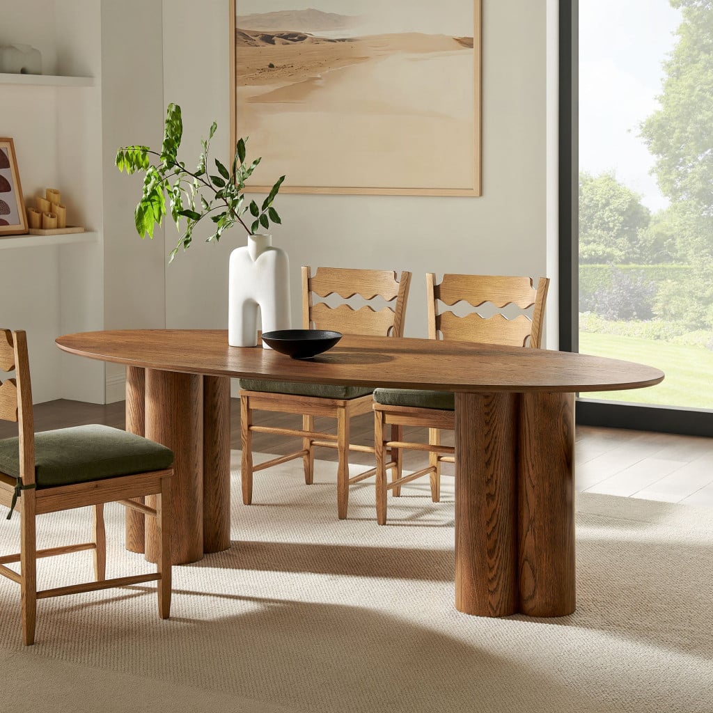 Renwick Oval Dark Oak Pedestal Dining Table - wide room view