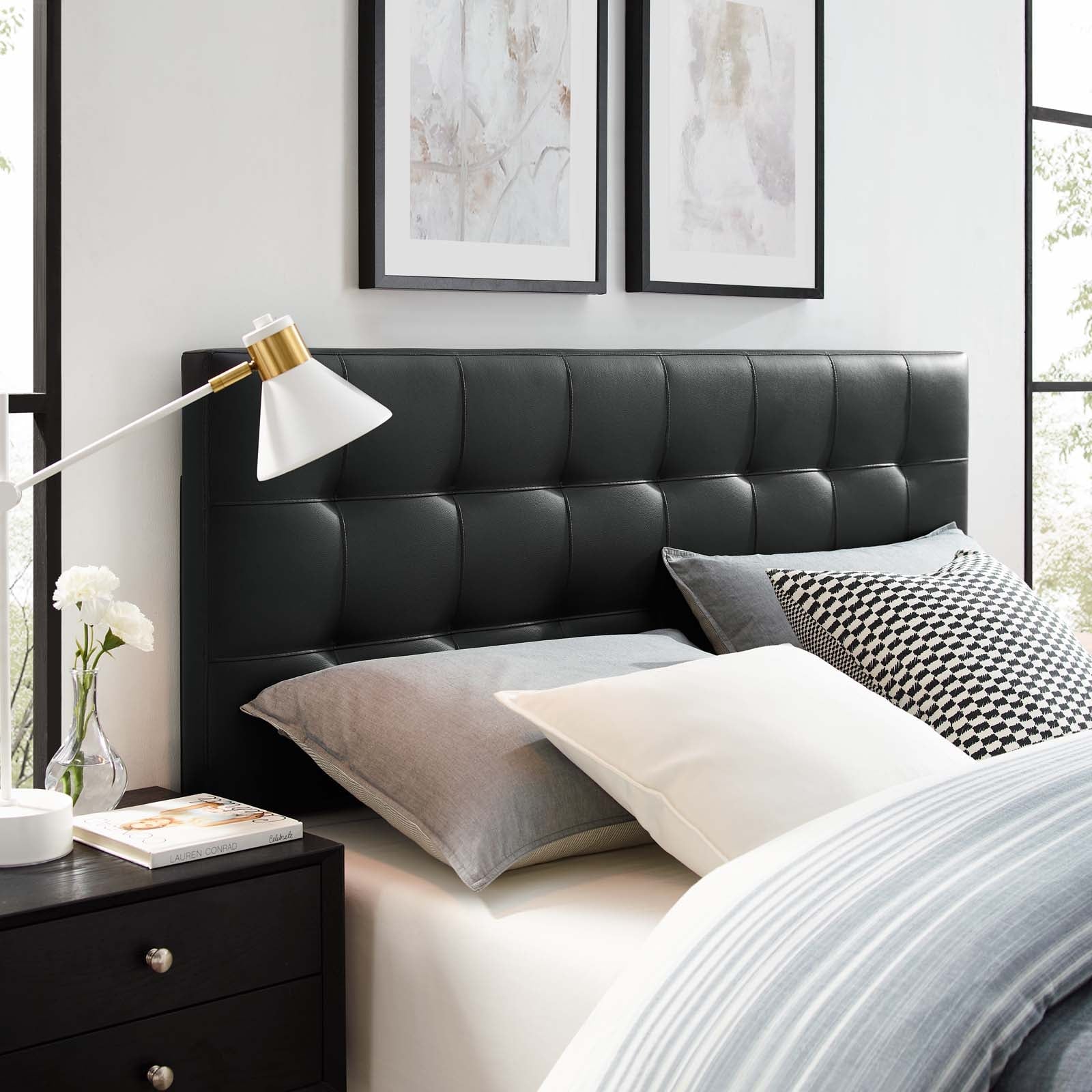 Lily Tufted Upholstered Vinyl Headboard in Black – Queen
