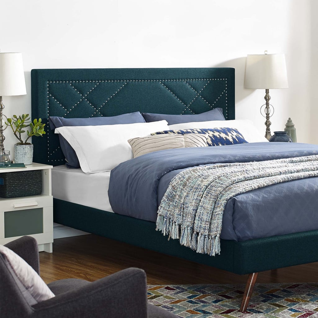 Reese Nailhead Upholstered Linen Headboard in Azure - Full/Queen - view 1