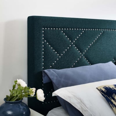 Reese Nailhead Upholstered Linen Headboard in Azure - Full/Queen - view 6