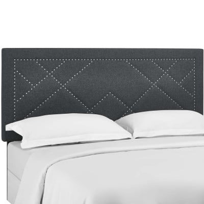 Reese Nailhead Upholstered Linen Headboard in Grey - Full/Queen - front view on a bed