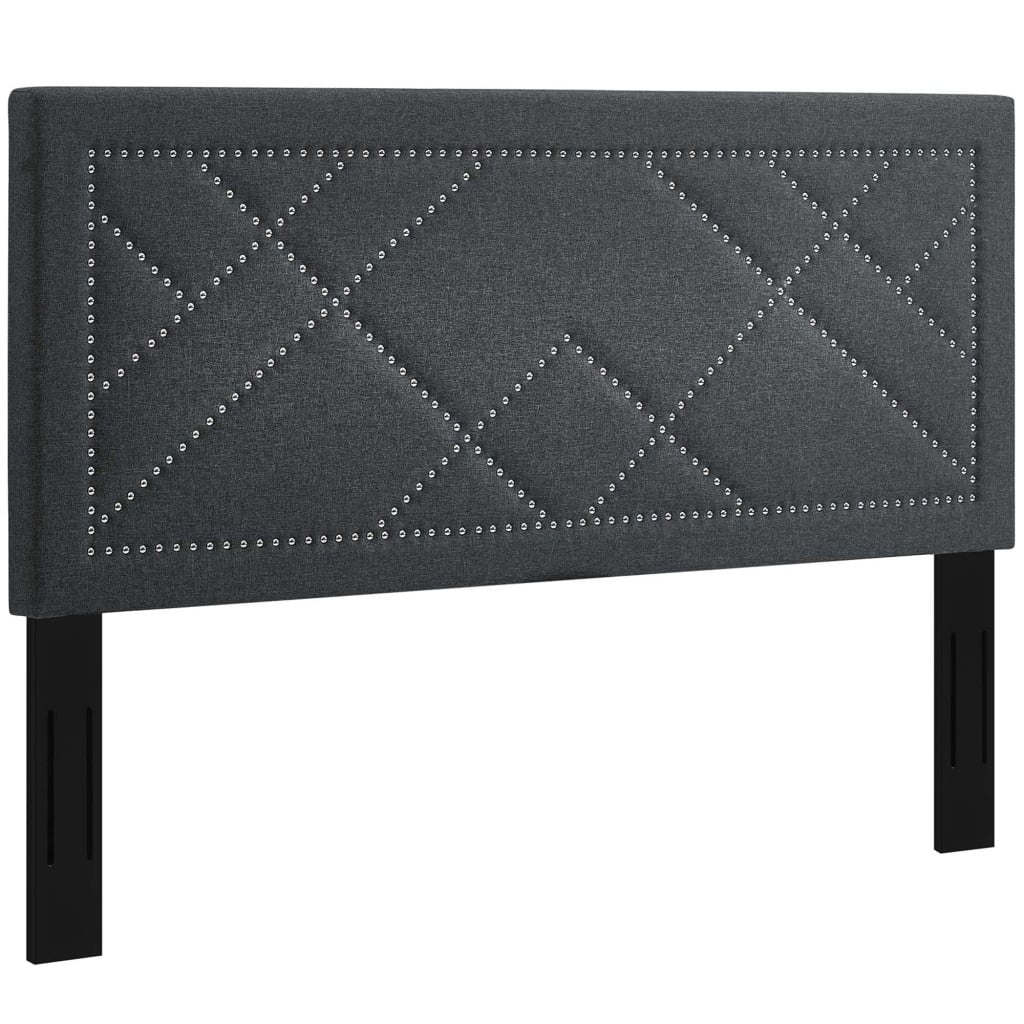 Reese Nailhead Upholstered Linen Headboard in Grey - Full/Queen - front three-quarter view