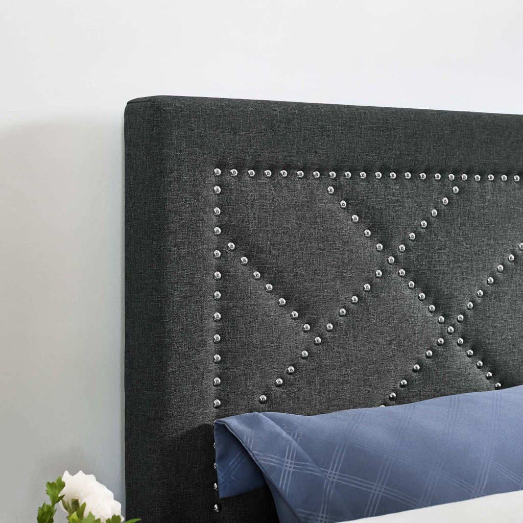 Reese Nailhead Upholstered Linen Headboard in Grey - Full/Queen - corner nailhead detail