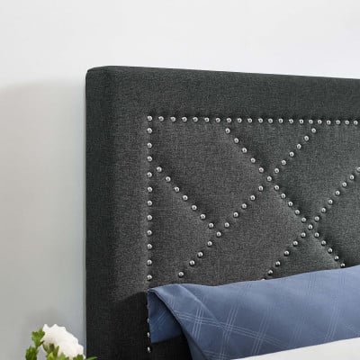 Reese Nailhead Upholstered Linen Headboard in Grey - Full/Queen - corner nailhead detail