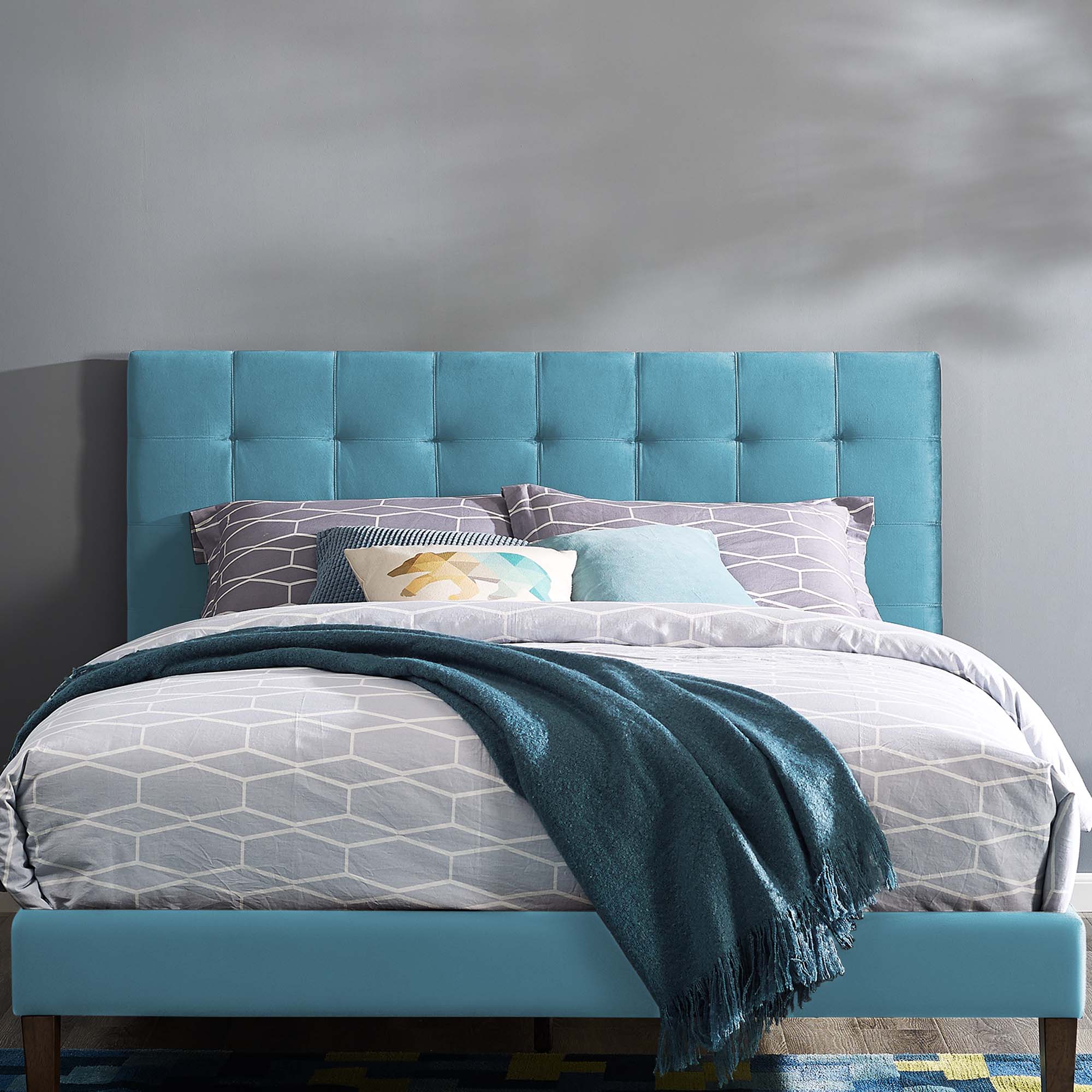 Paisley Tufted Performance Velvet Headboard in Sea Blue - Full/Queen