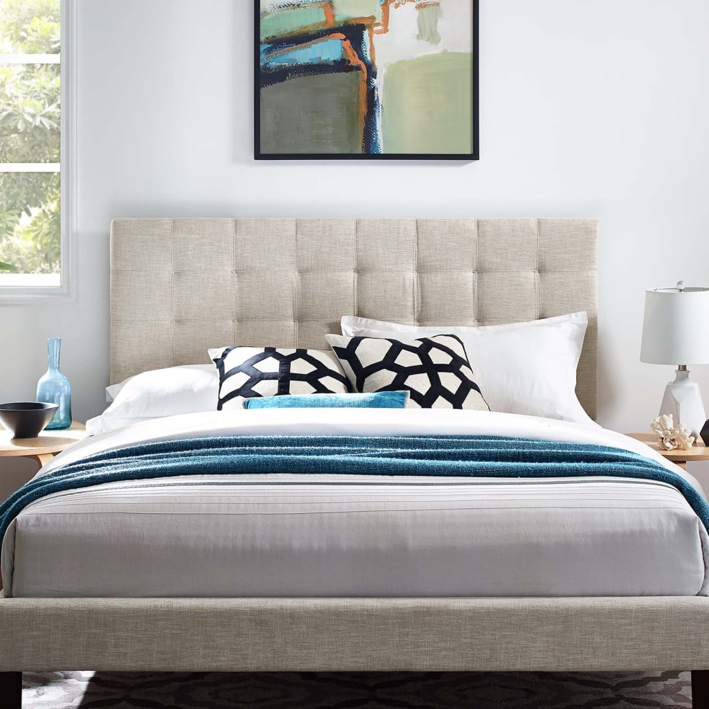 Paisley Tufted Upholstered Linen Headboard in Beige - King/CA King
