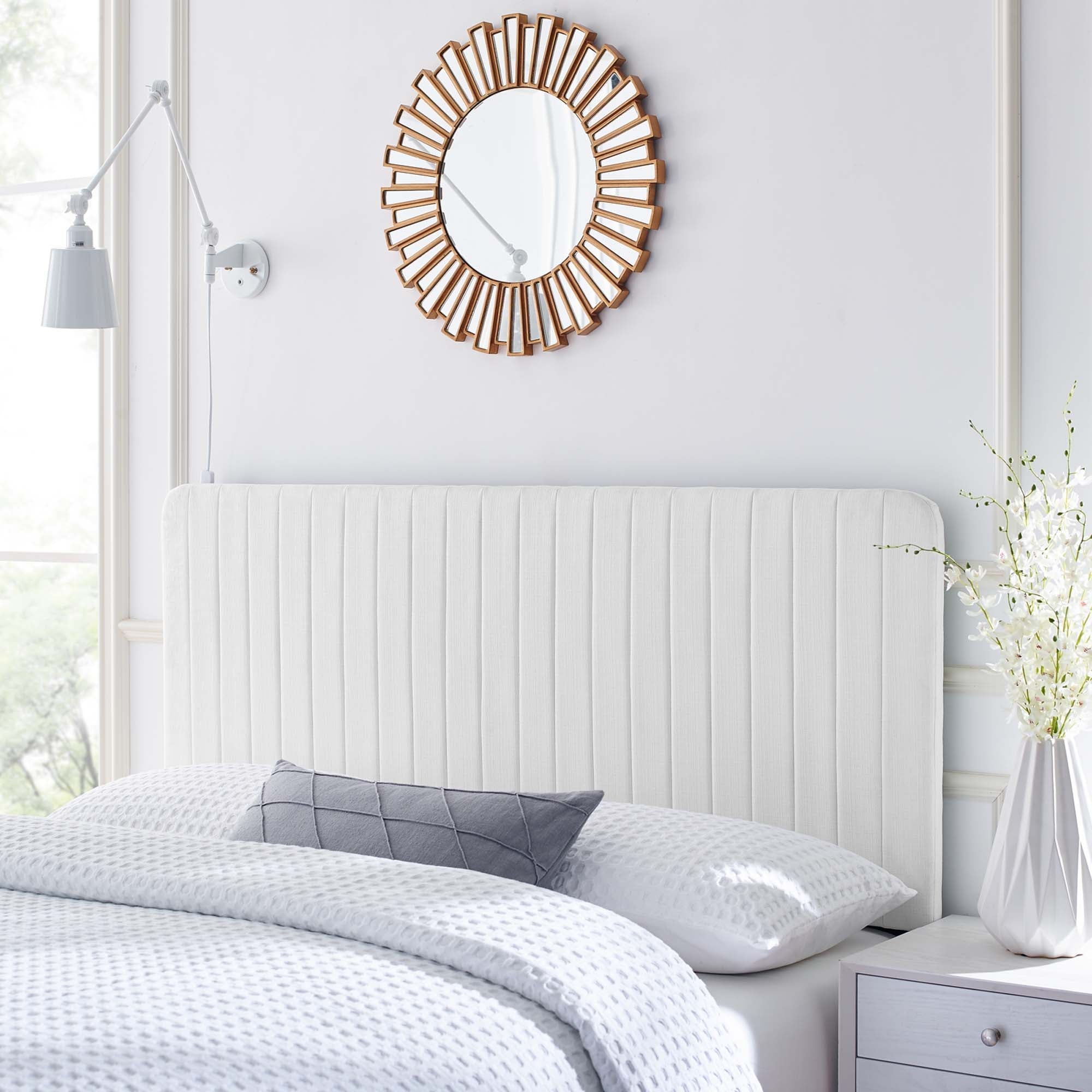 Milenna Channel Tufted Fabric Headboard in White - King/CA King