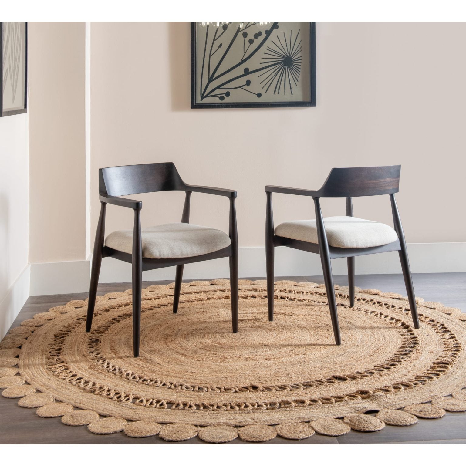modern honey date mango wood dining arm chair in Honey Date linen, Amaroo front view | Amaroo dining arm chair in Honey Date, angled view showing armrests