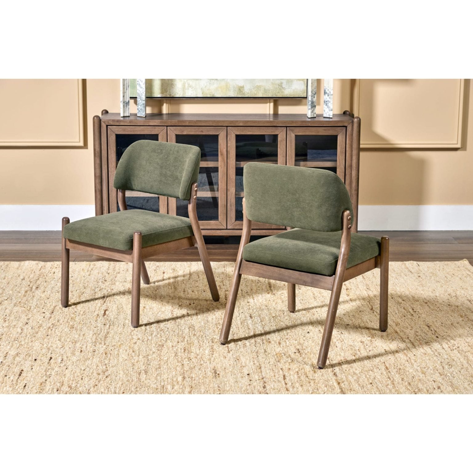modern moss green upholstered dining chair, Astor barrel back front view | Astor barrel back dining chair, angled view showing curved barrel back