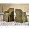 Beckett upholstered dining chair in Moss fabric, front view | Beckett dining chair in Moss, angled view showing tailored seat