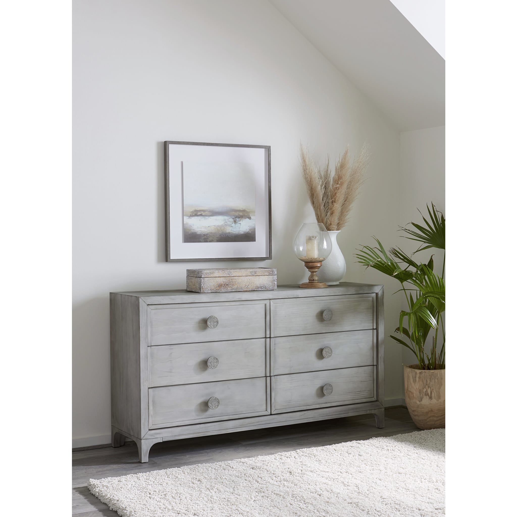 Boho Chic 6-Drawer Dresser in Washed White - front view