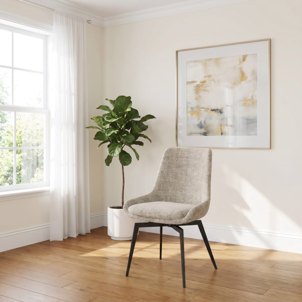 contemporary beige upholstered dining chair, CEO swivel front view | CEO swivel dining chair in Beige, angled view showing swivel base