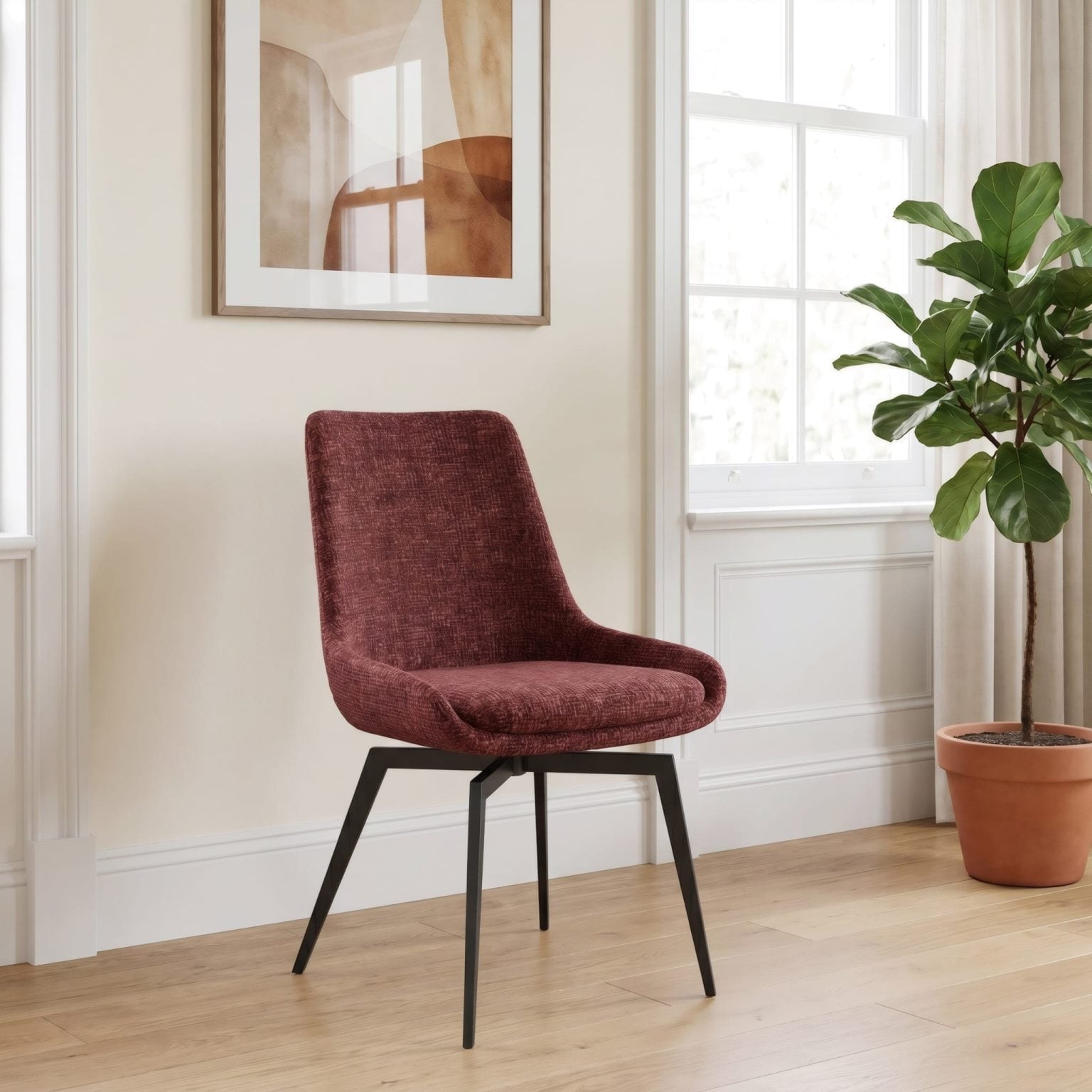modern cherry red swivel dining chair, CEO front view | CEO swivel dining chair in Cherry, angled view showing swivel base