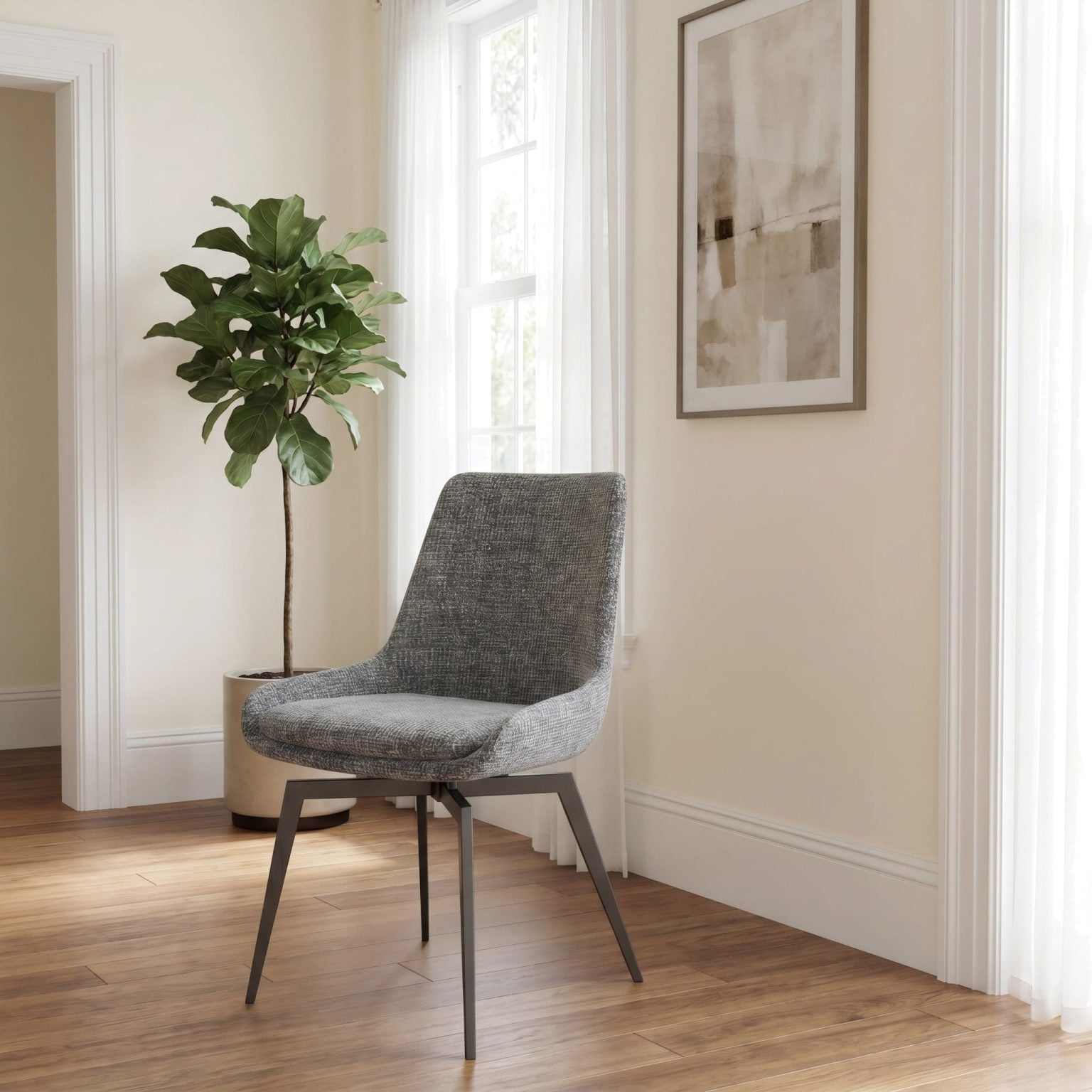 contemporary oyster upholstered dining chair, CEO swivel front view | CEO swivel dining chair in Oyster, angled view showing swivel base