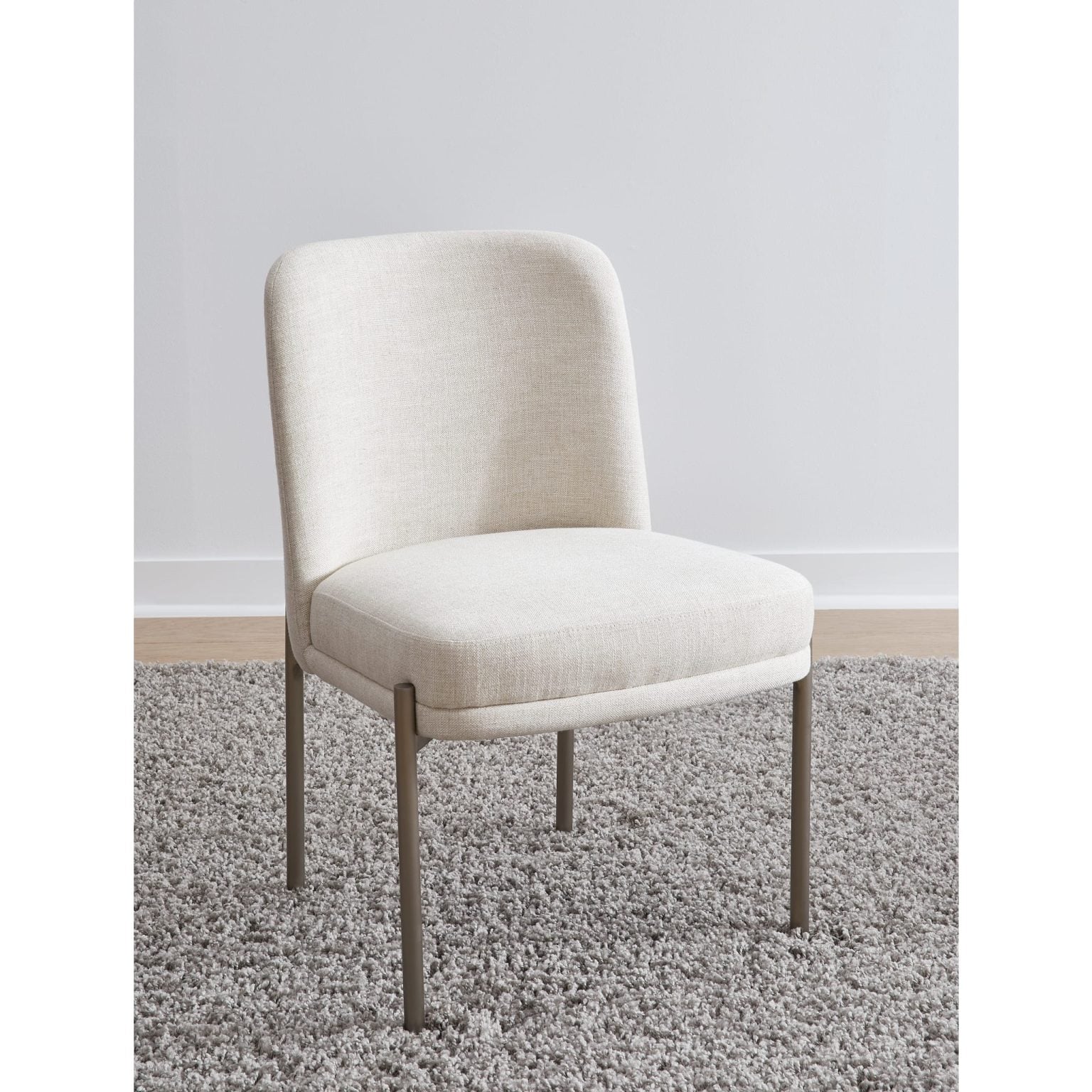 modern natural light linen dining chair, Dion front view | Dion dining chair in Natural Light linen, angled view showing brushed nickel legs