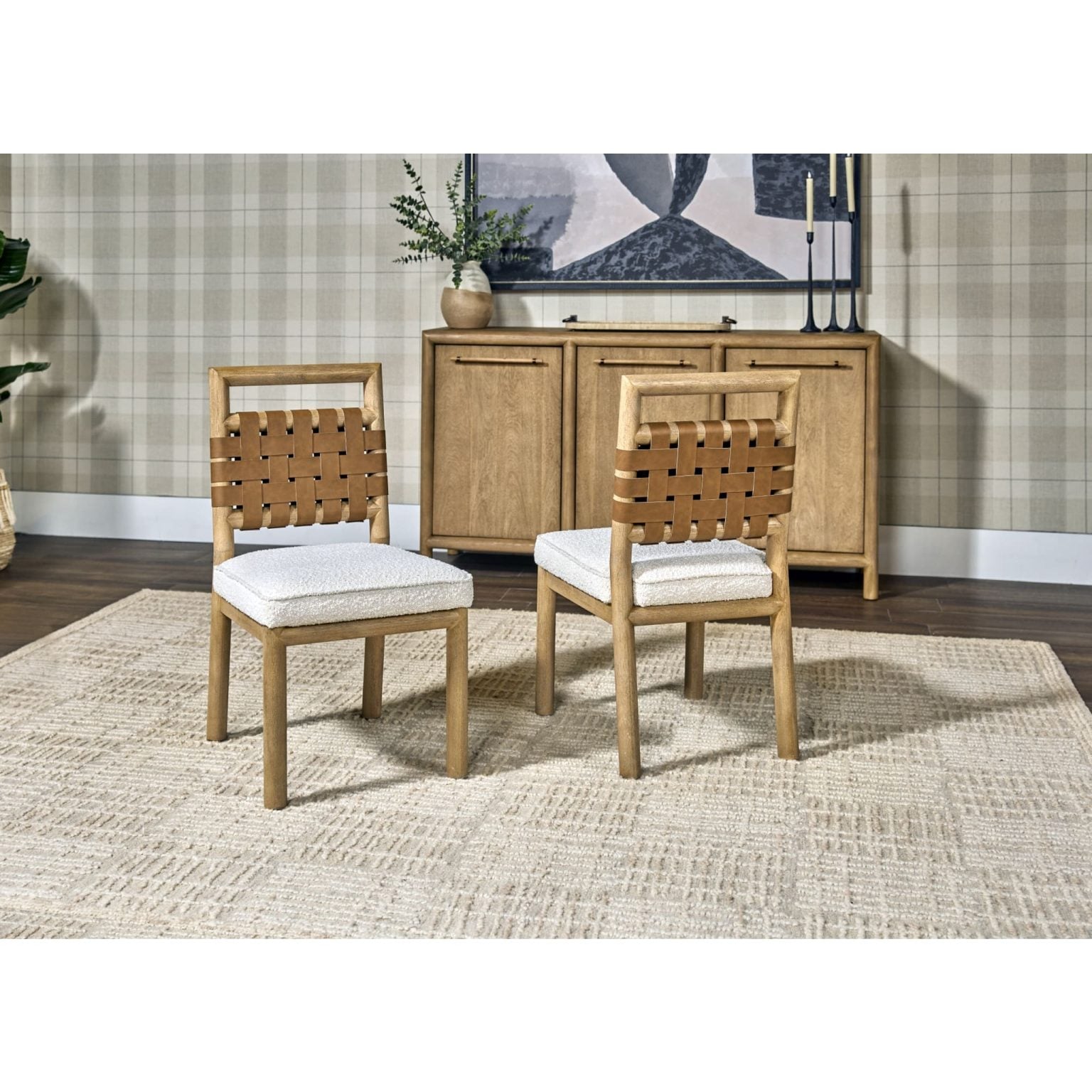 coastal ginger woven dining chair, Dorsey front view |  Dorsey woven dining chair, close-up view of woven back panel