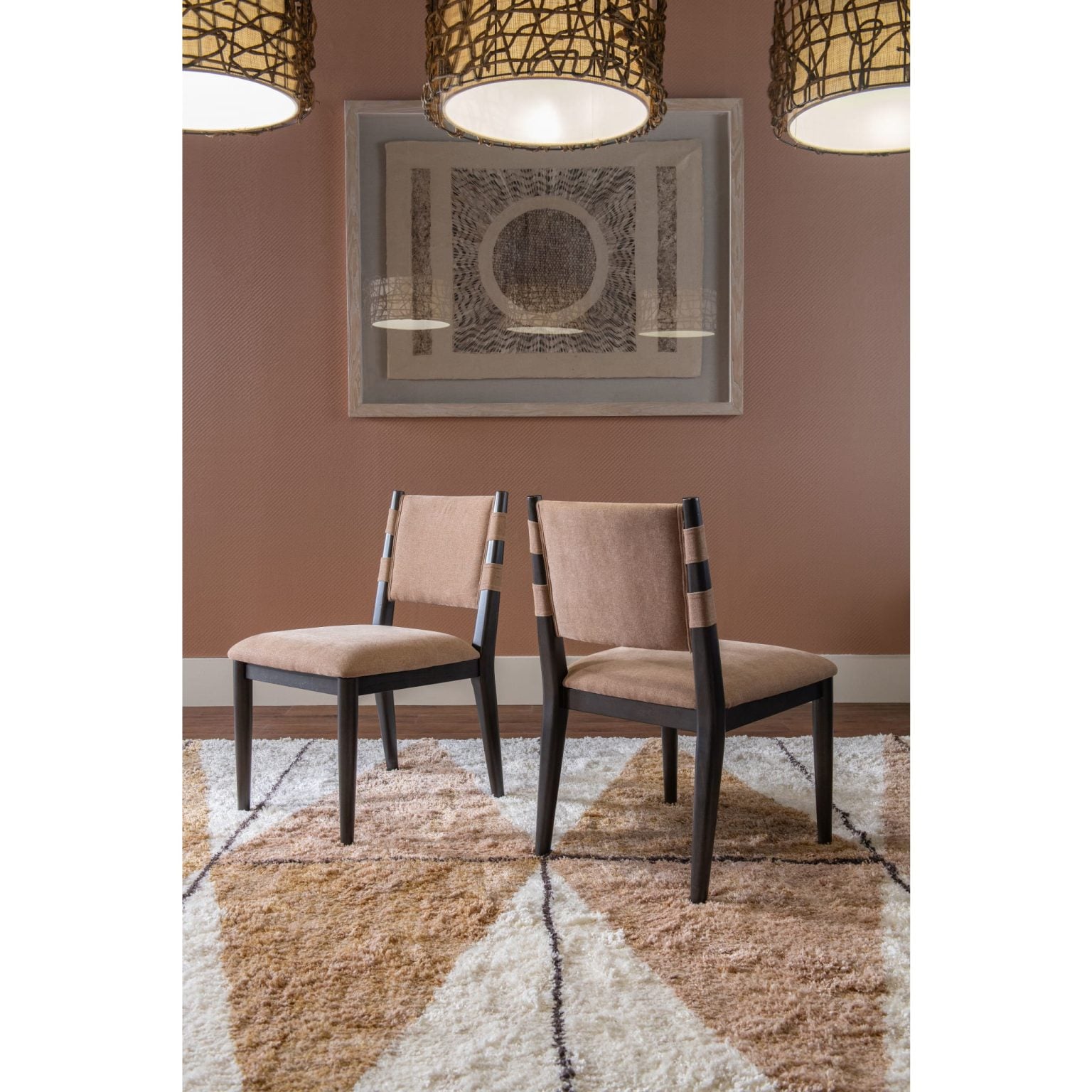 modern porcini chenille dining chair, Koko front view | Koko dining chair in Porcini chenille, angled view showing Minx finish legs