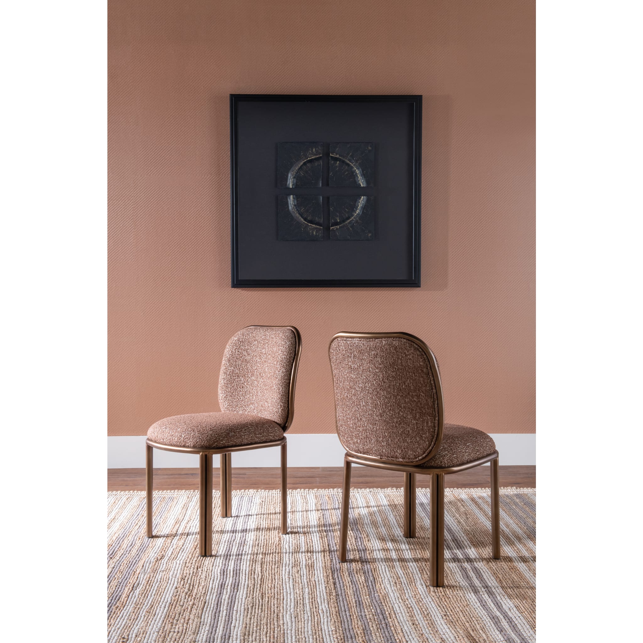 modern giraffe chenille dining chair with brushed golden steel legs, Mataranka front view | Mataranka dining chair, close-up view of brushed golden stainless steel legs