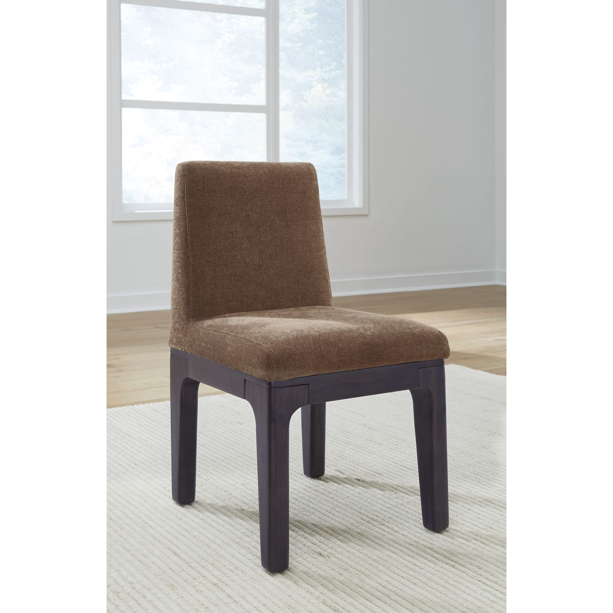 modern pineapple chenille dining chair, Zamba front view | Zamba dining chair in Pineapple chenille, angled view showing acacia legs