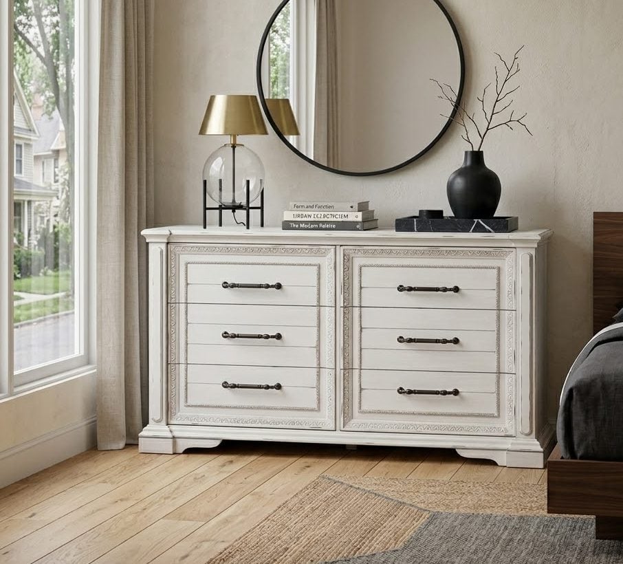 Mckinney Vintage White Dresser With Carved details
