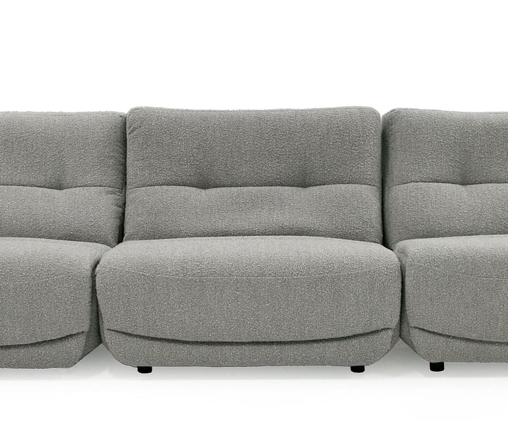 Basil electric triple-recliner sofa in slate grey polyester fabric, front view of the armless three-seat frame