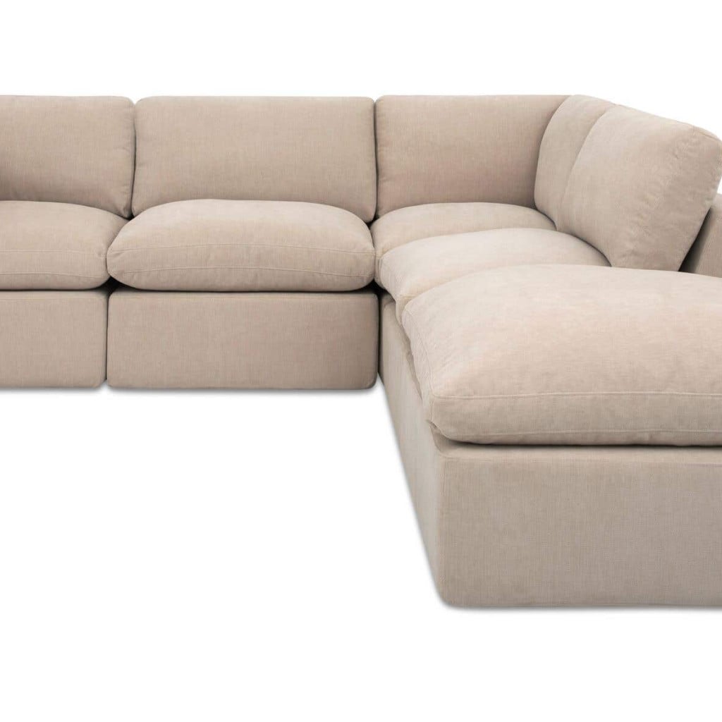 Cates Dream Pebble polyester modular sectional, front view in a bright living room