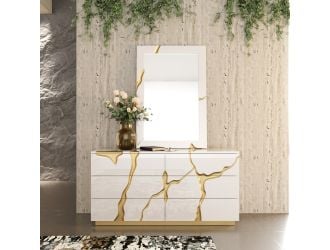 Aspen Modern White Dresser with Gold Accents in a styled room setting