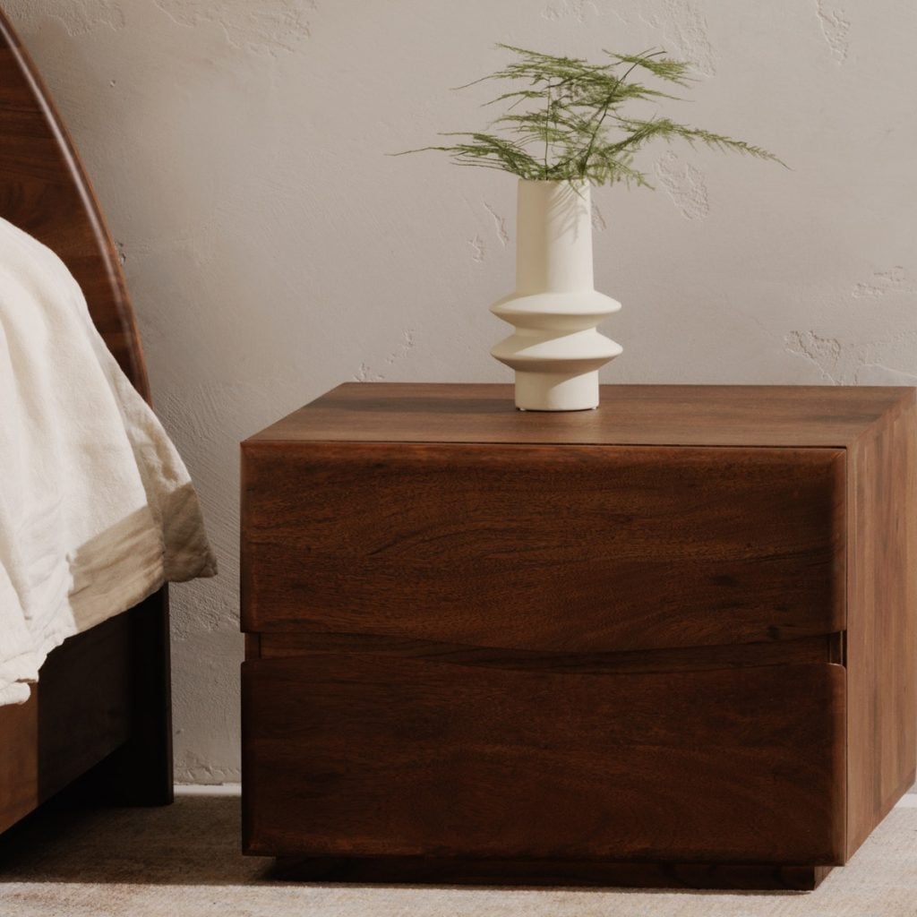 Brown Solid Acacia Live Edge 2-Drawer Nightstand - lifestyle view