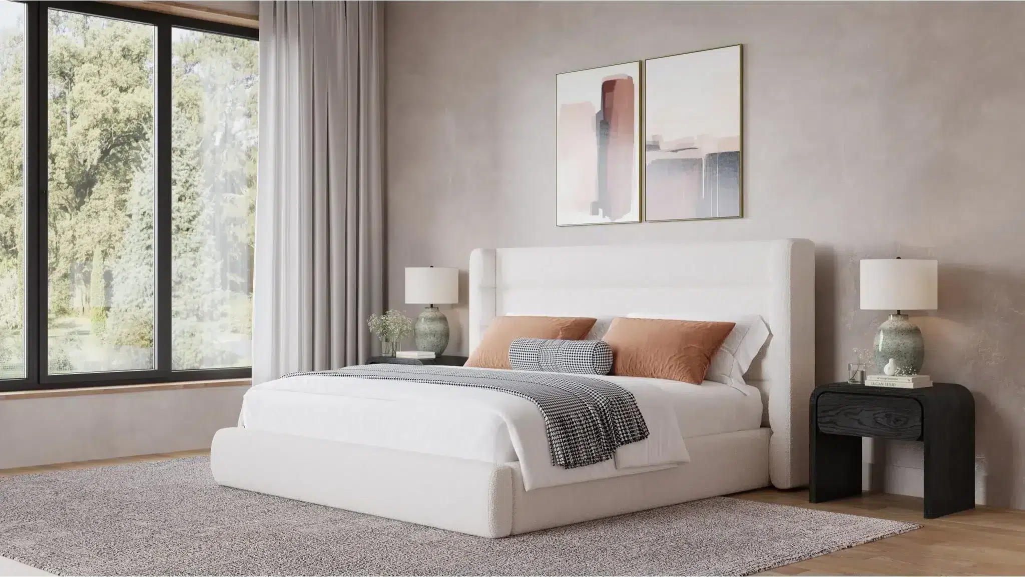 Off-white boucle bed with two nightstands