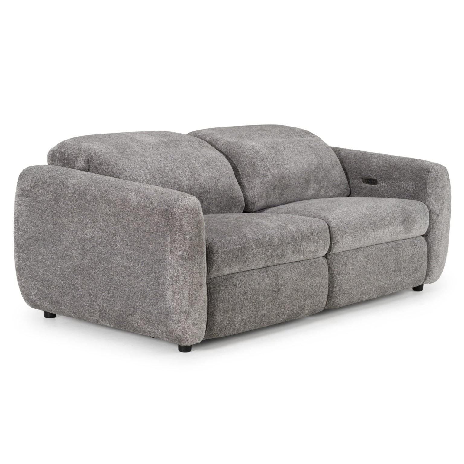 Brevig dual electric reclining sofa in grey polyester fabric, angled view with the recliners extended