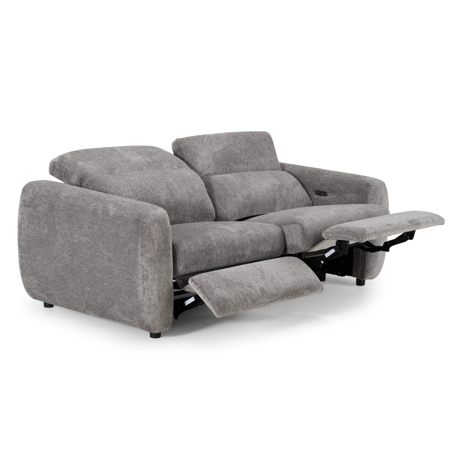 Brevig dual electric reclining sofa in grey polyester fabric, three-quarter view of the adjustable headrest