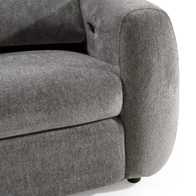 Brevig dual electric reclining sofa in grey polyester fabric, detail view of the foam-filled cushions